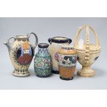 An Ernst Wahliss basket, three Amphora pottery vases and a similar jug Tallest 28cm