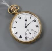 A George V 9ct gold open face keyless pocket watch, with Roman dial and subsidiary seconds.