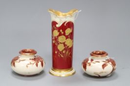 A pair of Doulton Burslem Artware squat vases, dated 1884 and a Royal Doulton Art Nouveau bone china