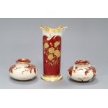 A pair of Doulton Burslem Artware squat vases, dated 1884 and a Royal Doulton Art Nouveau bone china