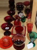 A collection of ruby, cranberry and other coloured glassware