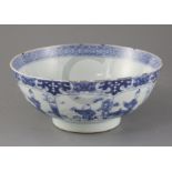 A Chinese blue and white petal lobed bowl, Kangxi period, the interior painted with a lady holding a