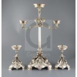 A Victorian electroplated three-piece table garniture by Elkington & Co. (lacking glass bowls),