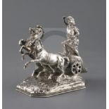 A late 19th century Hanau silver miniature model of a Roman charioteer with two rearing horses, on