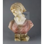 G. Pineschi (Italian c.1900). A carved alabaster and rose quartz bust of an Italian woman, signed,