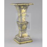 A Chinese pewter and brass inlaid altar square vase, 18th / 19th century, decorated with insects,