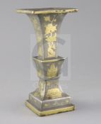 A Chinese pewter and brass inlaid altar square vase, 18th / 19th century, decorated with insects,