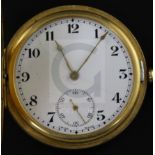 A George V 18ct. gold keyless half hunter pocket watch, with Arabic dial and subsidiary seconds,
