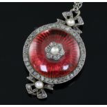 A Victorian gold, red guilloche enamel, seed pearl and rose cut diamond set circular pendant, with