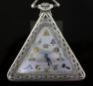 A 1930's Swiss silver triangular masonic pocket watch, with mother of pearl dial inscribed 'Love