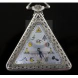 A 1930's Swiss silver triangular masonic pocket watch, with mother of pearl dial inscribed 'Love