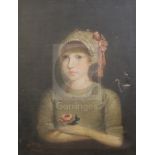 Early 19th century Continental School, possibly Americanoil on canvasPortrait of a girl holding a