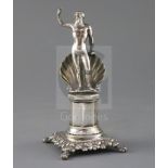 A 19th century Portuguese silver miniature model of Neptune? with shell (lacking trident), the