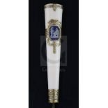 A Swiss gold-mounted ivory parasol handle, inset with a blue jasper plaque of classical figures