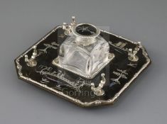 An Edwardian silver, mother of pearl and tortoiseshell chinoiserie inkstandish, retailed by