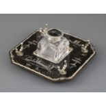 An Edwardian silver, mother of pearl and tortoiseshell chinoiserie inkstandish, retailed by