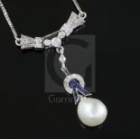 An early 20th century platinum?, sapphire, diamond and baroque pearl set drop pendant, on a later