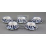 A set of five Chinese blue and white 'Long Eliza' tea bowls and saucers, Kangxi period, each with