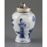 A Chinese blue and white baluster jar, Kangxi period, painted with two ladies in a rockwork