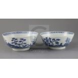 A pair of Chinese Nanking cargo blue and white bowls, Qianlong period, each painted to the