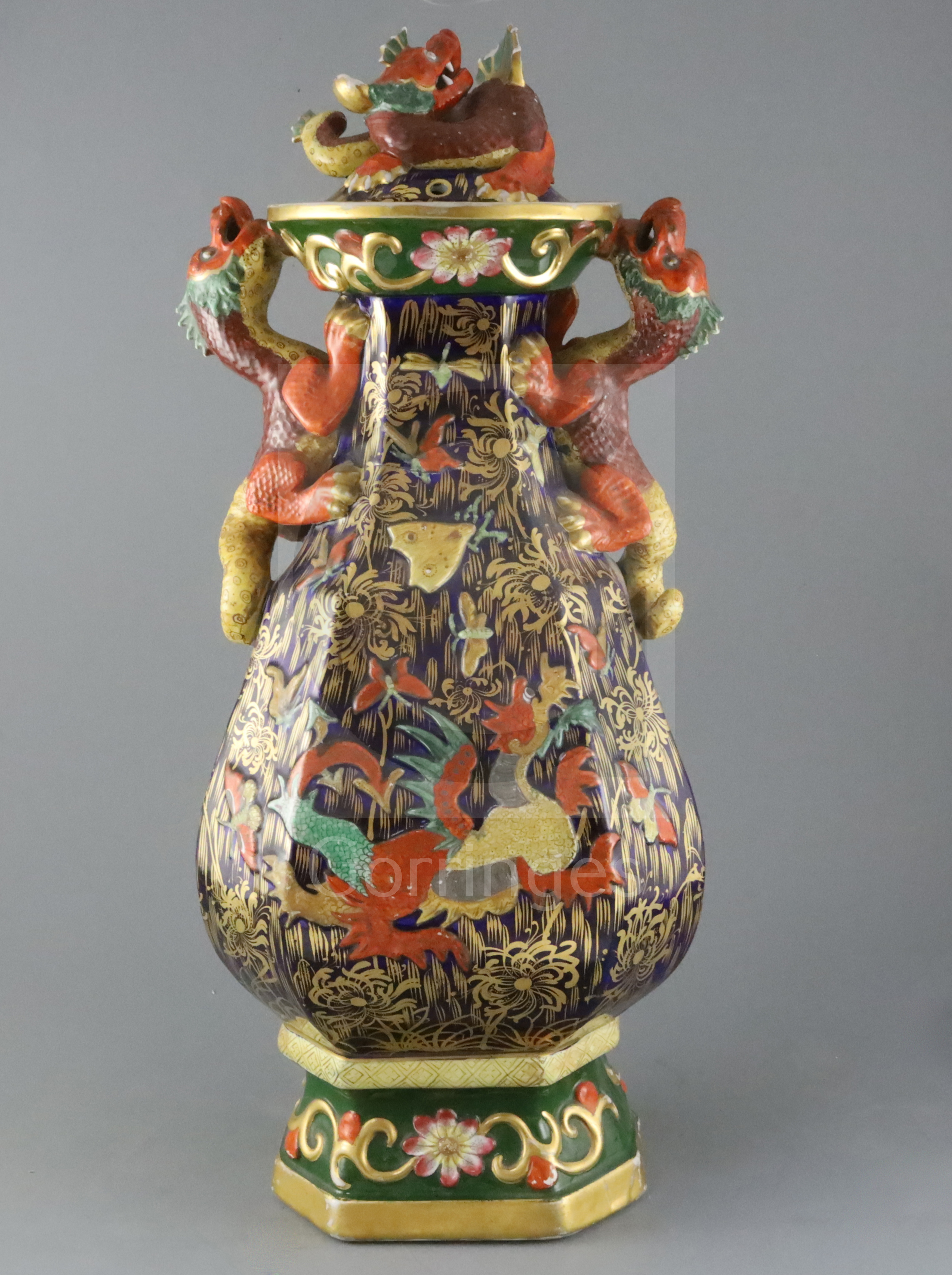 A large and impressive Masons Ironstone two handled pot pourri vase and cover, c.1815-25, of