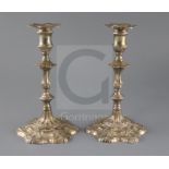 A pair of George II silver candlesticks, London 1758, John Hyatt & Charles Semore, with waisted
