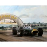 Dion Pears (1929-1985)watercolour and gouacheJack Brabham in his Repco-Brabham on his way to winning