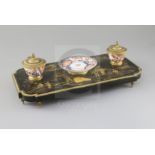 A French Louis XIV style ormolu mounted black lacquered ink stand, with Imari porcelain dish and