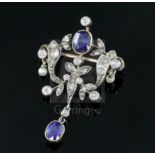 A late Victorian gold and silver, two stone sapphire, round and rose cut diamond set drop brooch,