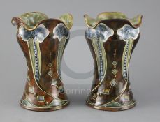 Frank A Butler for Doulton Lambeth, an pair of organic free-form lobed vases, c.1895, impressed mark