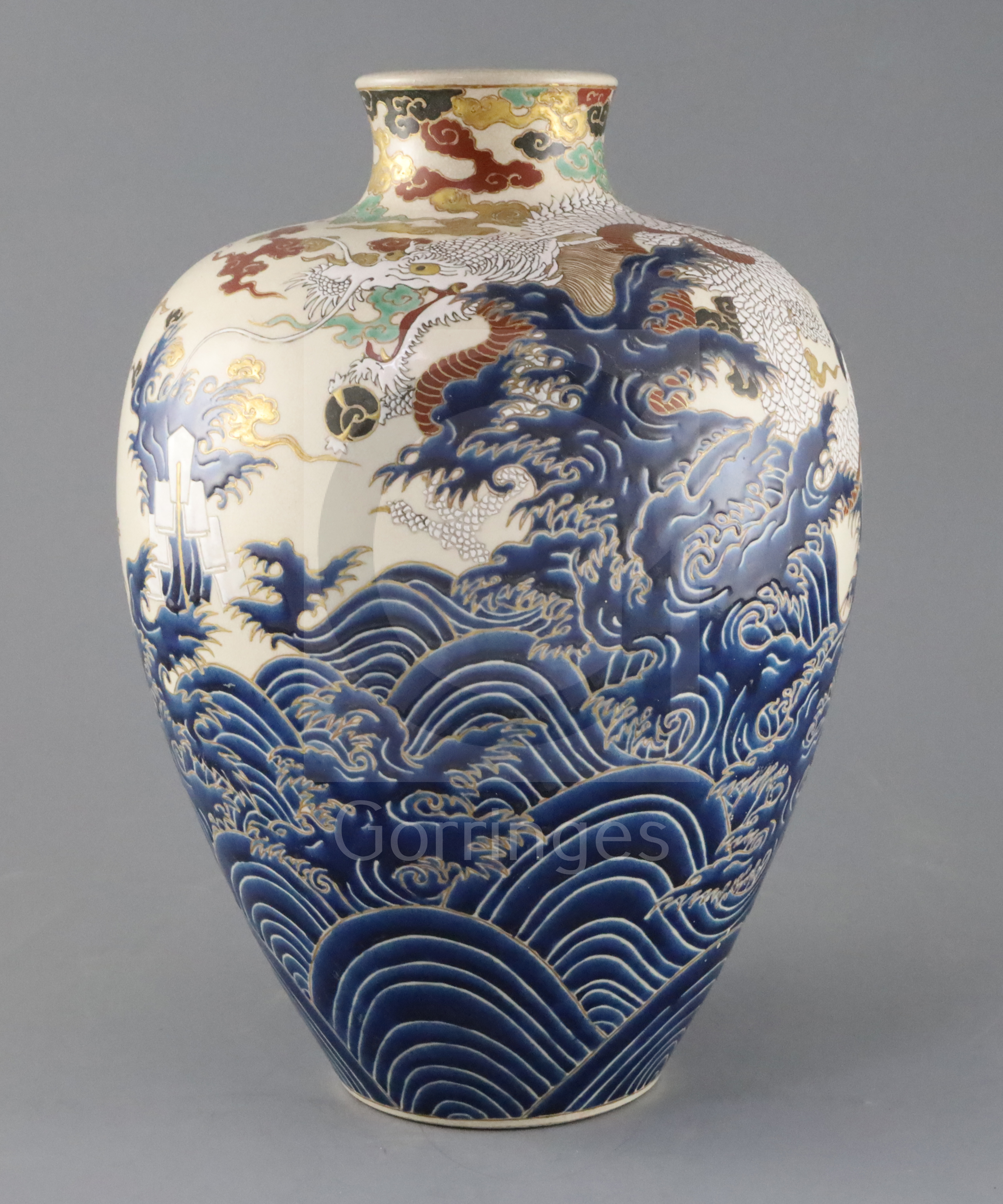 A Japanese Satsuma Pottery Ovoid dragon Vase Meiji Period Decorated With A Striking Dragon Am