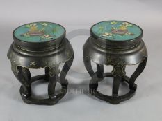A pair of Chinese gilt-decorated black lacquer and cloisonne enamel mounted jardiniere stands,