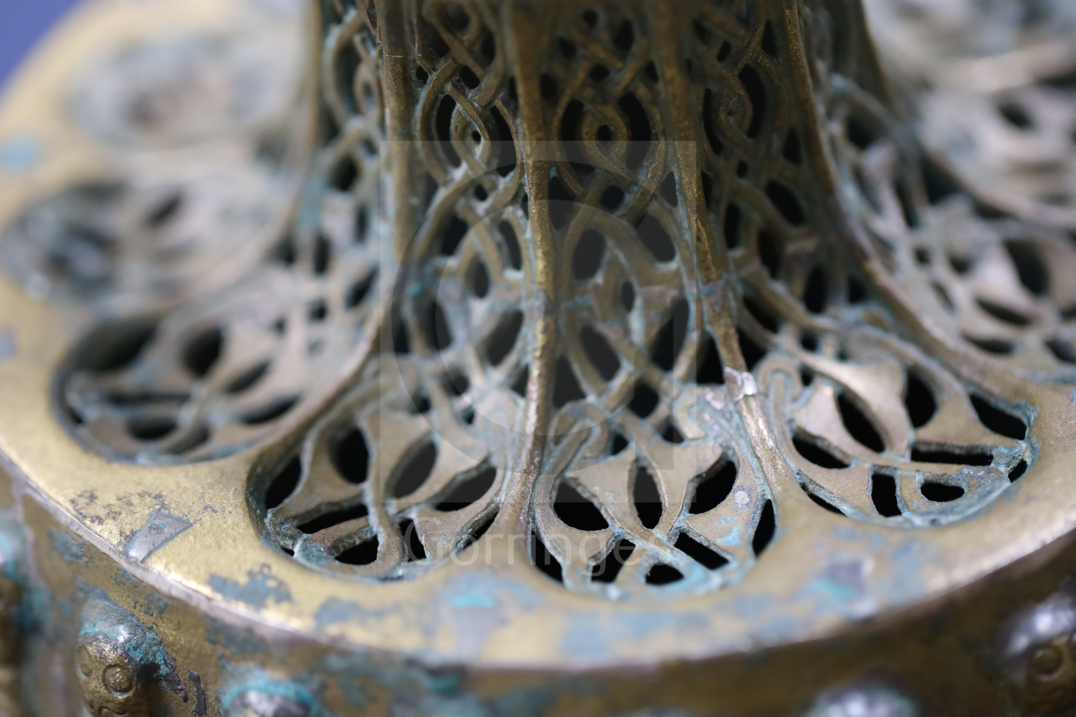 A 13th century Khorassan silver and copper inlaid bronze candlestick, of octagonal faceted truncated - Image 5 of 6