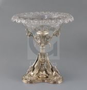 A Victorian silver plated centrepiece, retailed by Collis & Co, London, the cut glass bowl above a