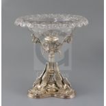 A Victorian silver plated centrepiece, retailed by Collis & Co, London, the cut glass bowl above a