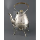 A Victorian silver tea kettle on stand with burner by Lambert & Co, of bulbous form, with engraved