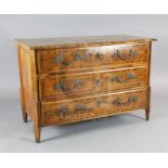 An 18th century German olivewood veneered commode with parquetry top and three long drawers fitted