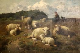 Cornelius Van Leemputten (1841-1902)oil on mahogany panelShepherdess and sheep in pasturesigned