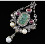 A Georgian gold and silver, emerald, cabochon ruby, rose cut diamond and pearl set drop pendant