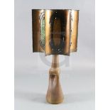 A French Accolay pottery copper and glass shard table lamp, c.1970, with concave hexagonal shade,