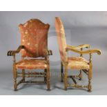 A pair of 19th century French 17th century style carved walnut high back armchairs, with floral