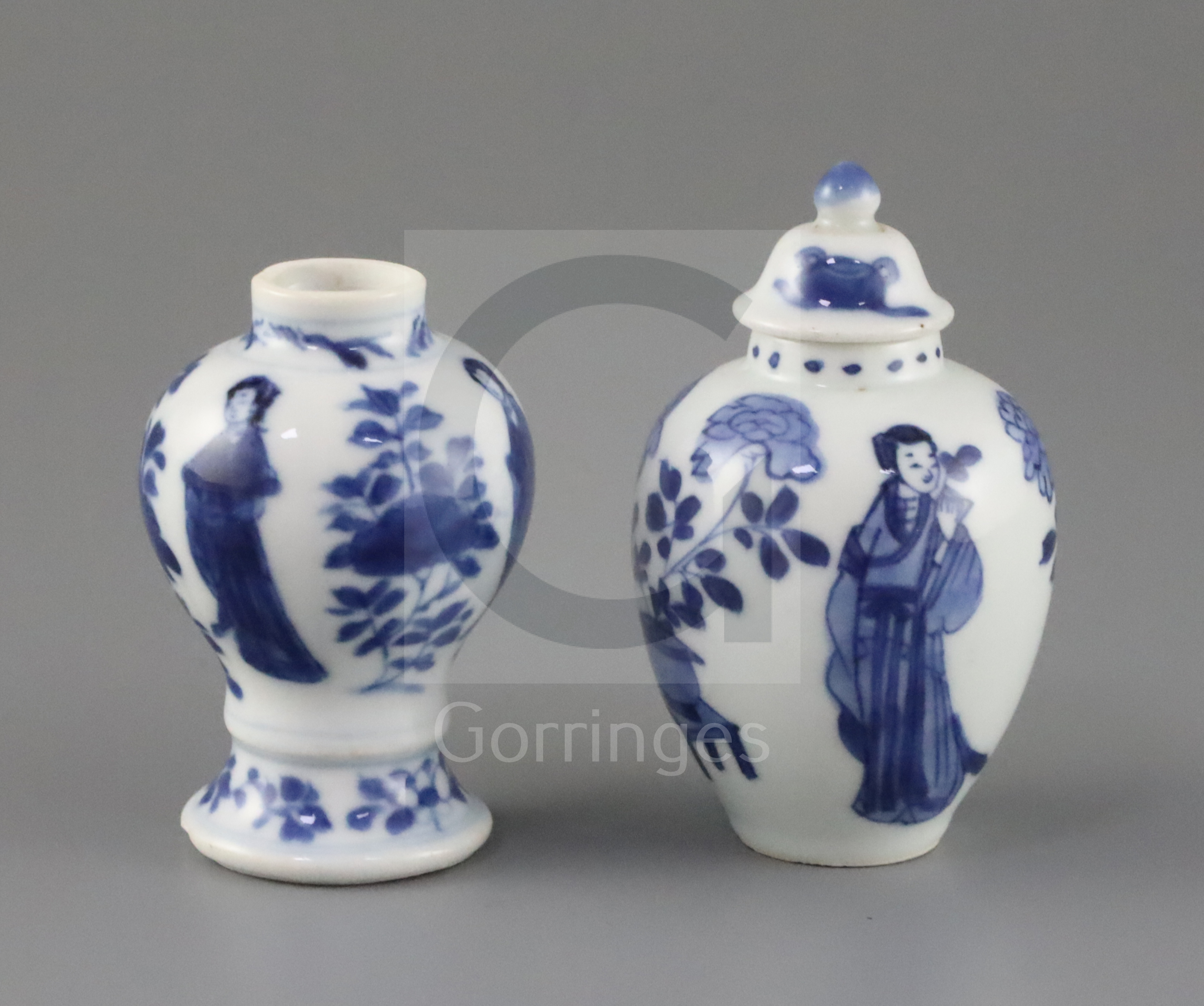 A Chinese blue and white small jar and cover, and a similar small vase, Kangxi period, each - Image 2 of 3