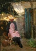 James Coutts Mitchie (1861-1919)oil on boardGarden scene with woman seated beside a rabbitsigned10 x