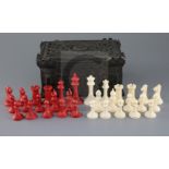 A Jaques & Son red stained and ivory Staunton pattern chess set, in Carton Pierre box, box