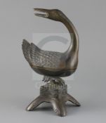 A Chinese bronze 'duck' censer and cover, late Ming dynasty, the duck with it's head turned