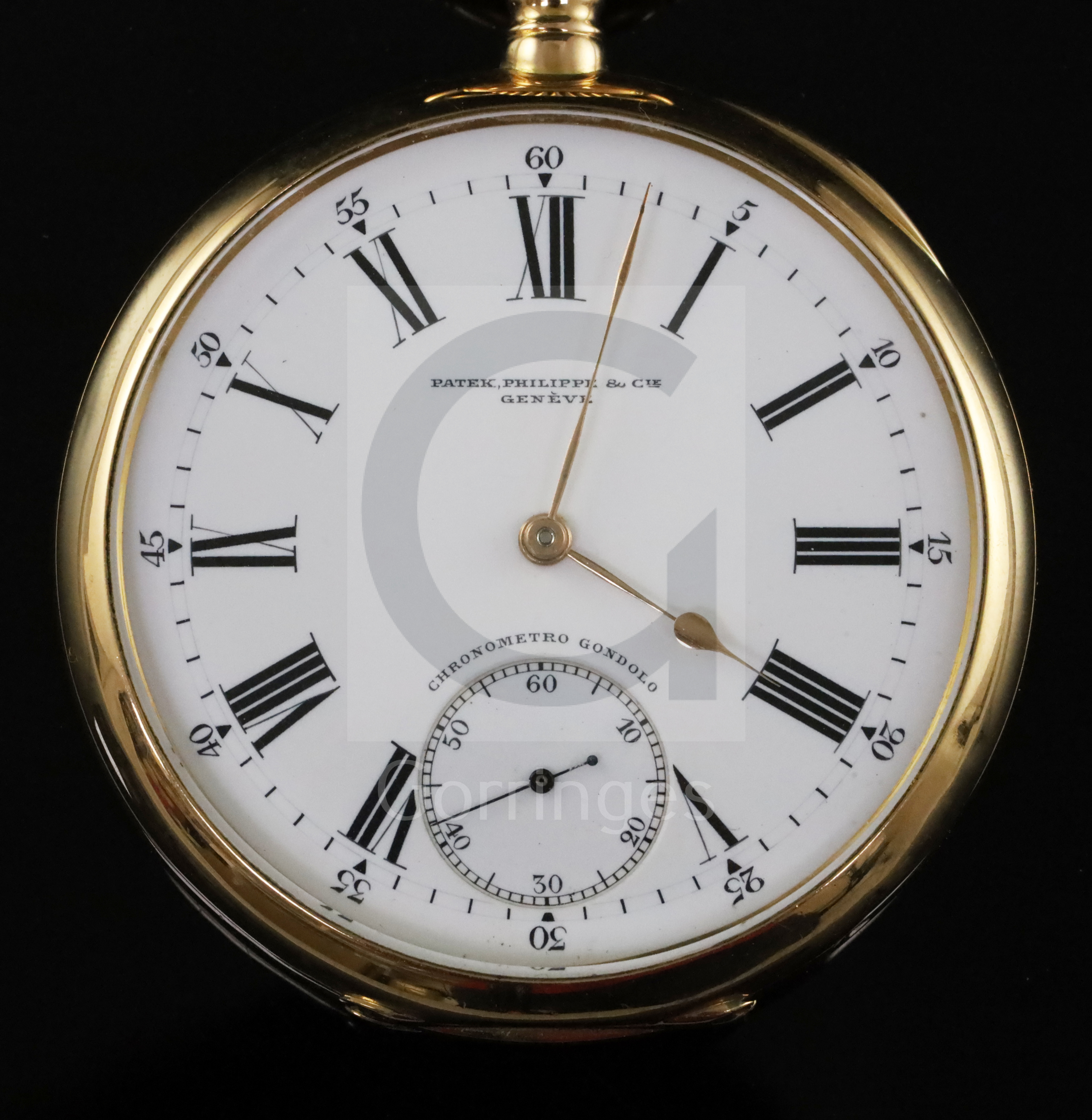 An early 20th century 18ct gold Patek Philippe keyless lever Chronometre Gondolo open face pocket