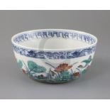 A good Chinese doucai 'duck and lotus' bowl, Daoguang seal mark and of the period (1821-50), the