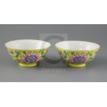 A pair of Chinese yellow ground famille rose bowls, Daoguang six character seal mark and probably of