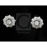 A pair of white gold and diamond cluster ear studs, each set with ten round cut stones, 10mm,.