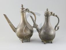 Two late 18th century Mughal brass ewers, with incised decoration, H.11in. and 9.75in.